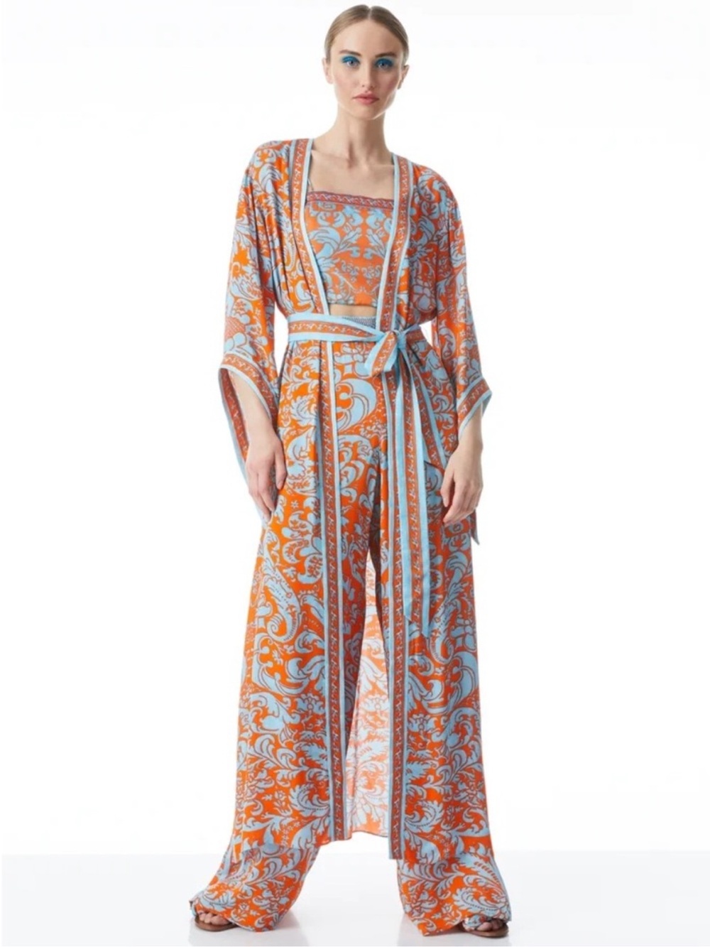Alice + Olivia Orange and Aqua Floral Kimono Dress with Tie Belt - Picture 9 of 10